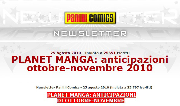 Newsletter Panini Comics 25 Agosto 2010