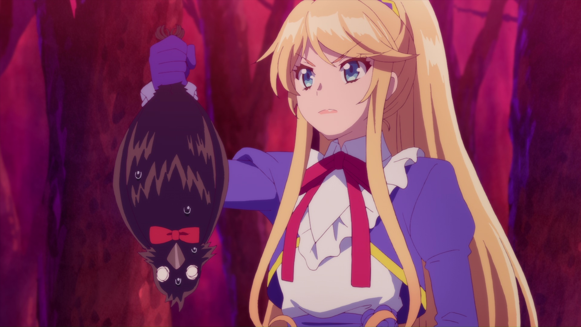 Aileen tiene per le zampe un corvo con un fiocco rosso al collo, un corvo visibilmente preoccupato dalla situazione.