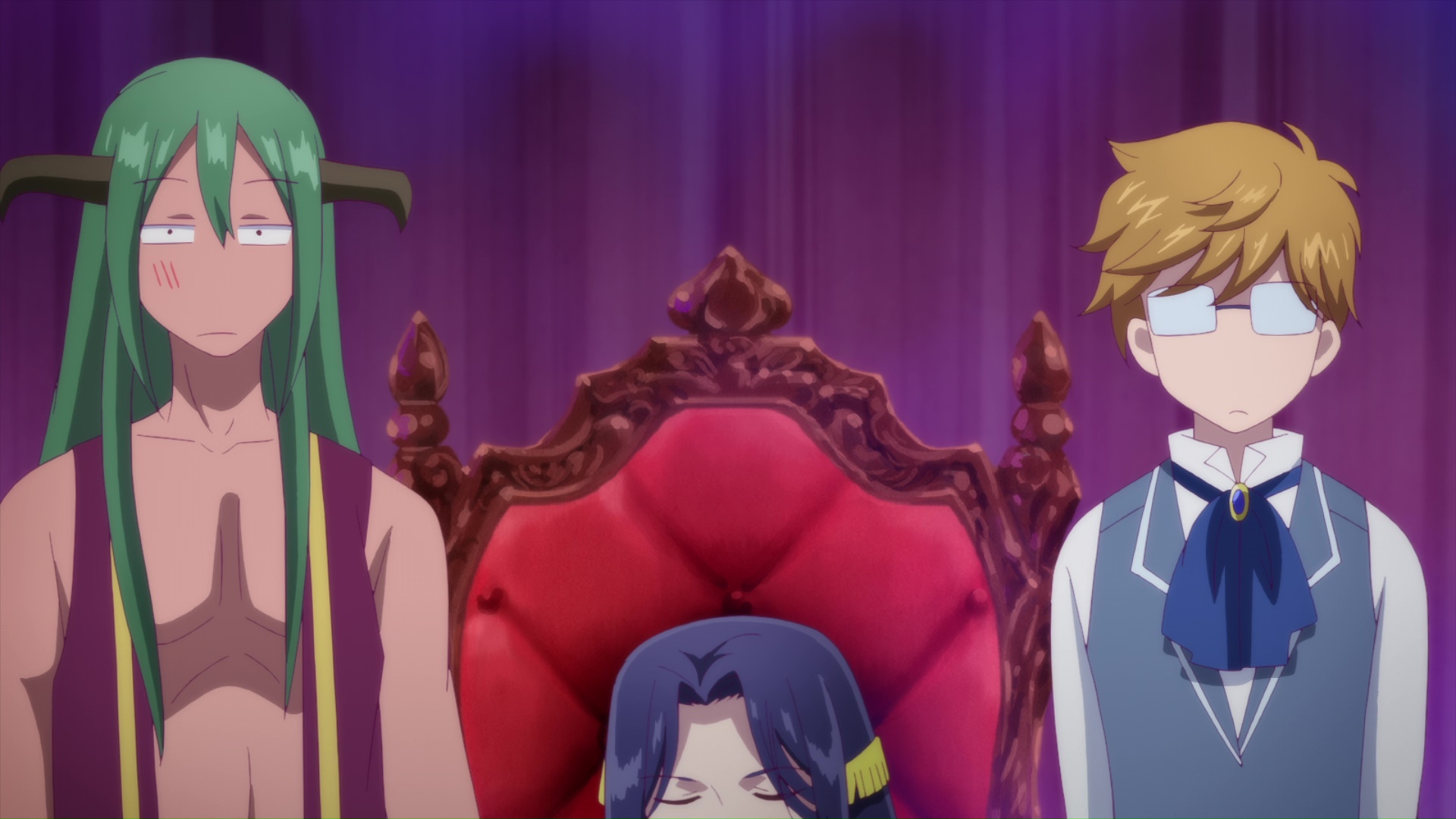 Due servitori del re (di cui si vede appena la testa fino agli occhi, chiusi), in piedi ai lati del trono. Entrambi hanno un'espressione basita.