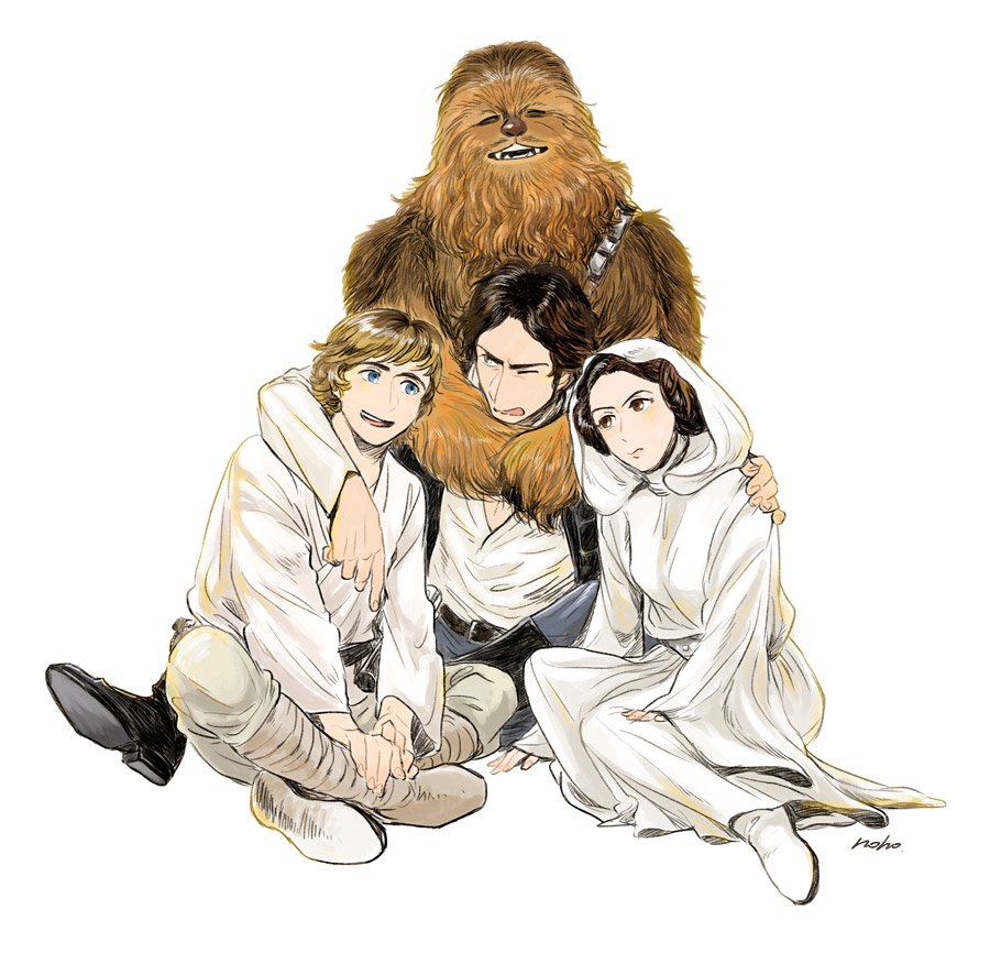 Gli eroi della trilogia originale: Luke Skywalker, Han Solo, la principessa Leila e Chewbecca  