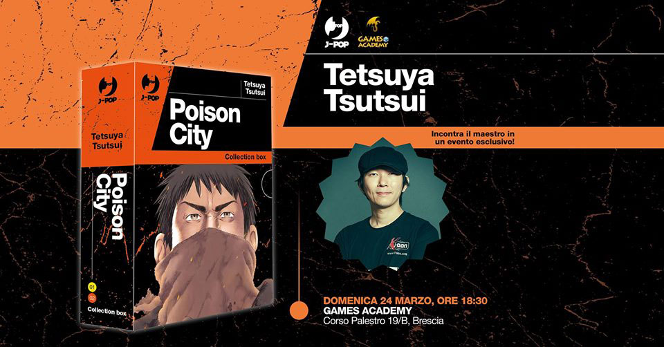 Locandina dell'incontro su Poison City con Tetsuya Tsutsui al Games Academy di Brescia