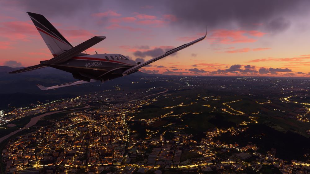 Un paesaggio cittadino serale in Microsoft Flight Simulator Un paesaggio cittadino serale in Microsoft Flight Simulator