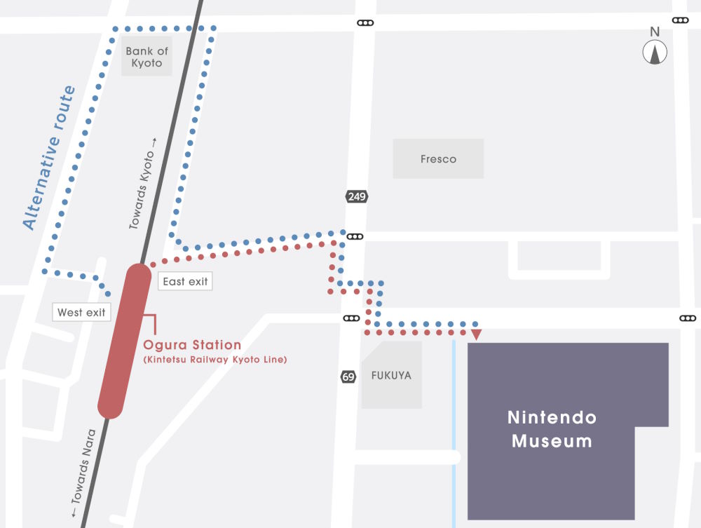 La strada da percorrere a piedi per raggiungere il Nintendo Museum dalla stazione Ogura Station della Kintetsu Railway Kyoto Line La strada da percorrere a piedi per raggiungere il Nintendo Museum dalla stazione Ogura Station della Kintetsu Railway Kyoto Line