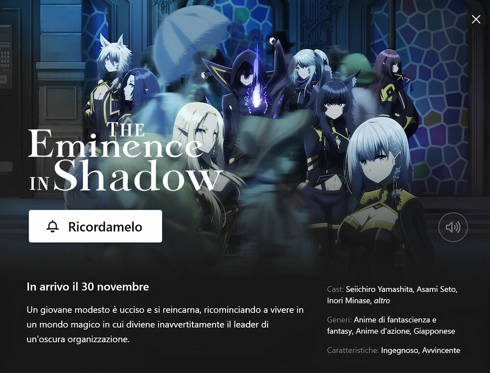 Netflix: The Eminence in Shadow in arrivo a fine novembre Netflix: The Eminence in Shadow in arrivo a fine novembre