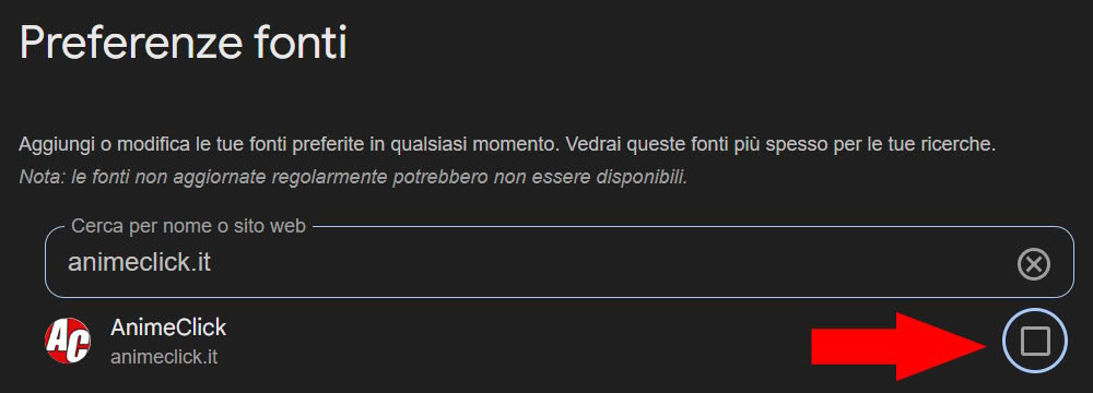 La casella da spuntare per aggiungere un sito alle fonti preferite