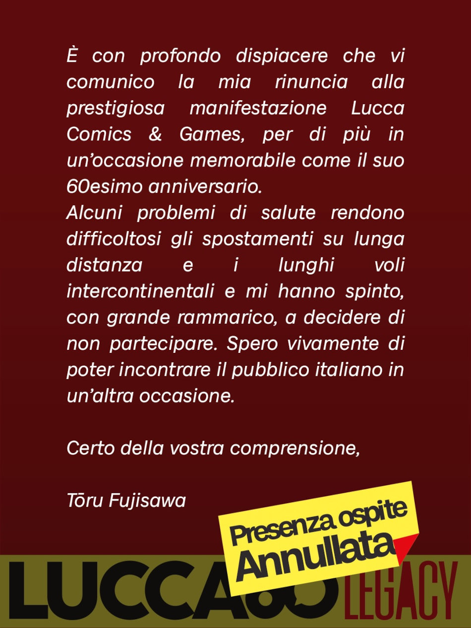 Lucca Comics & Games 2026: Tōru Fujisawa non sarà ospite della manifestazione Lucca Comics & Games 2026: Tōru Fujisawa non sarà ospite della manifestazione