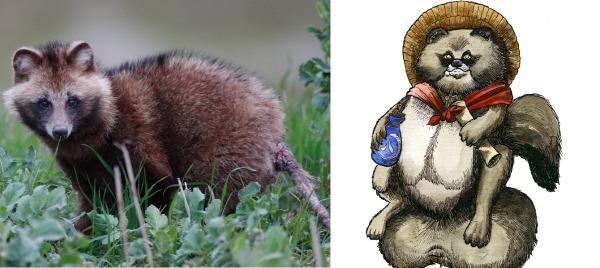 Duo tanuki reale e disegnato Duo tanuki reale e disegnato