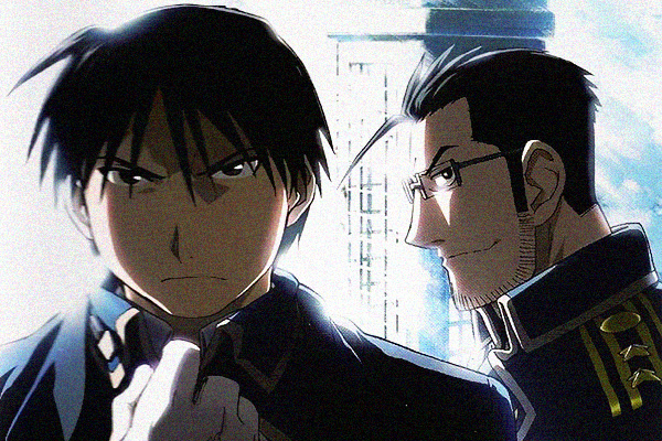 Roy Mustang e Maes Hughes in Fullmetal Alchemist